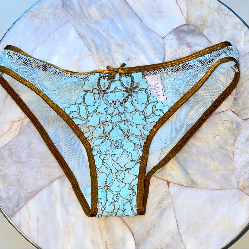 Victoria's Secret Dream Angels Cheekini Panty Blue Copper Lace Mesh XS